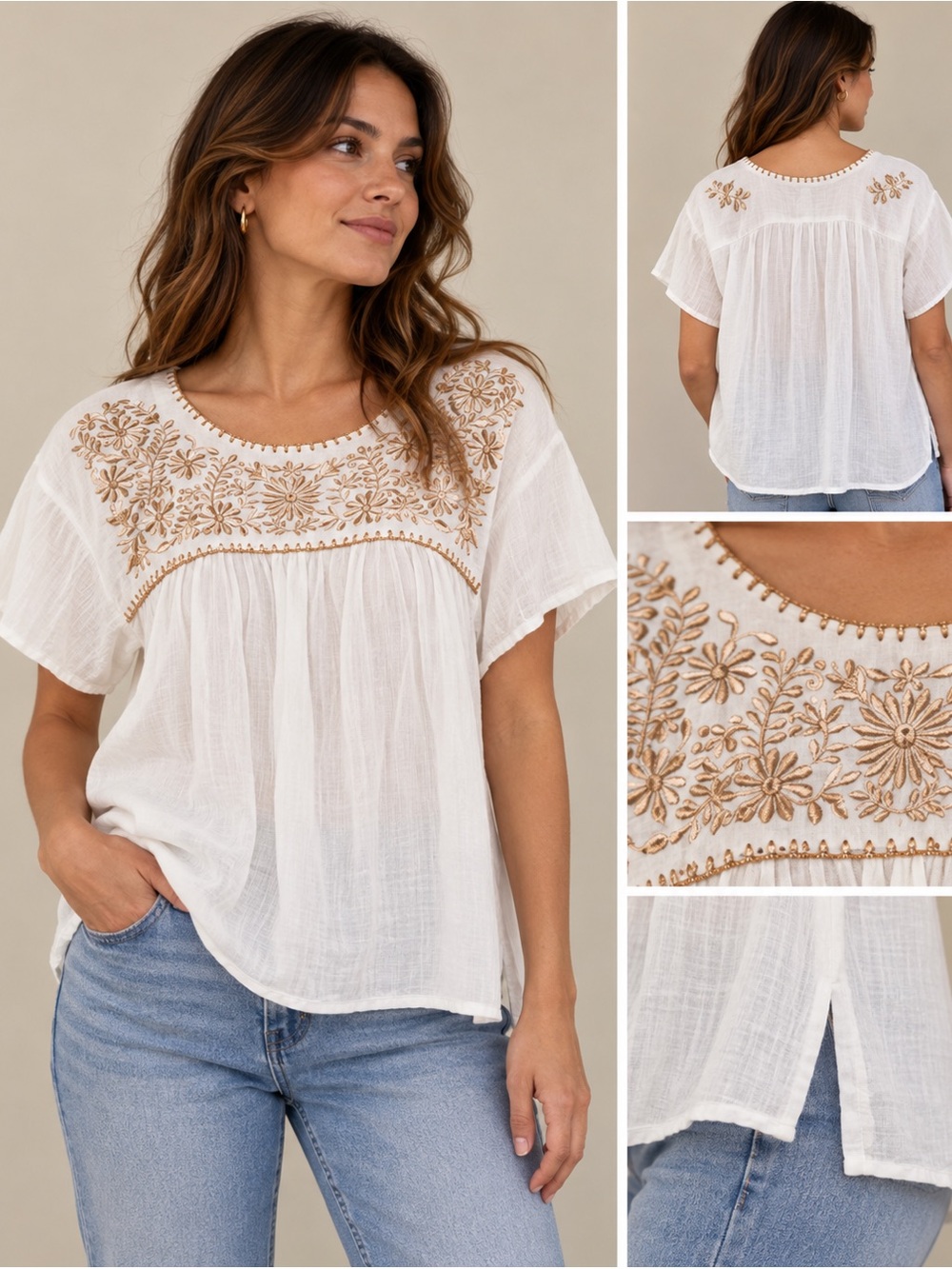 Unbranded Embroidered Flowy Gauze Floral Short Sleeve Blouse White Size Large